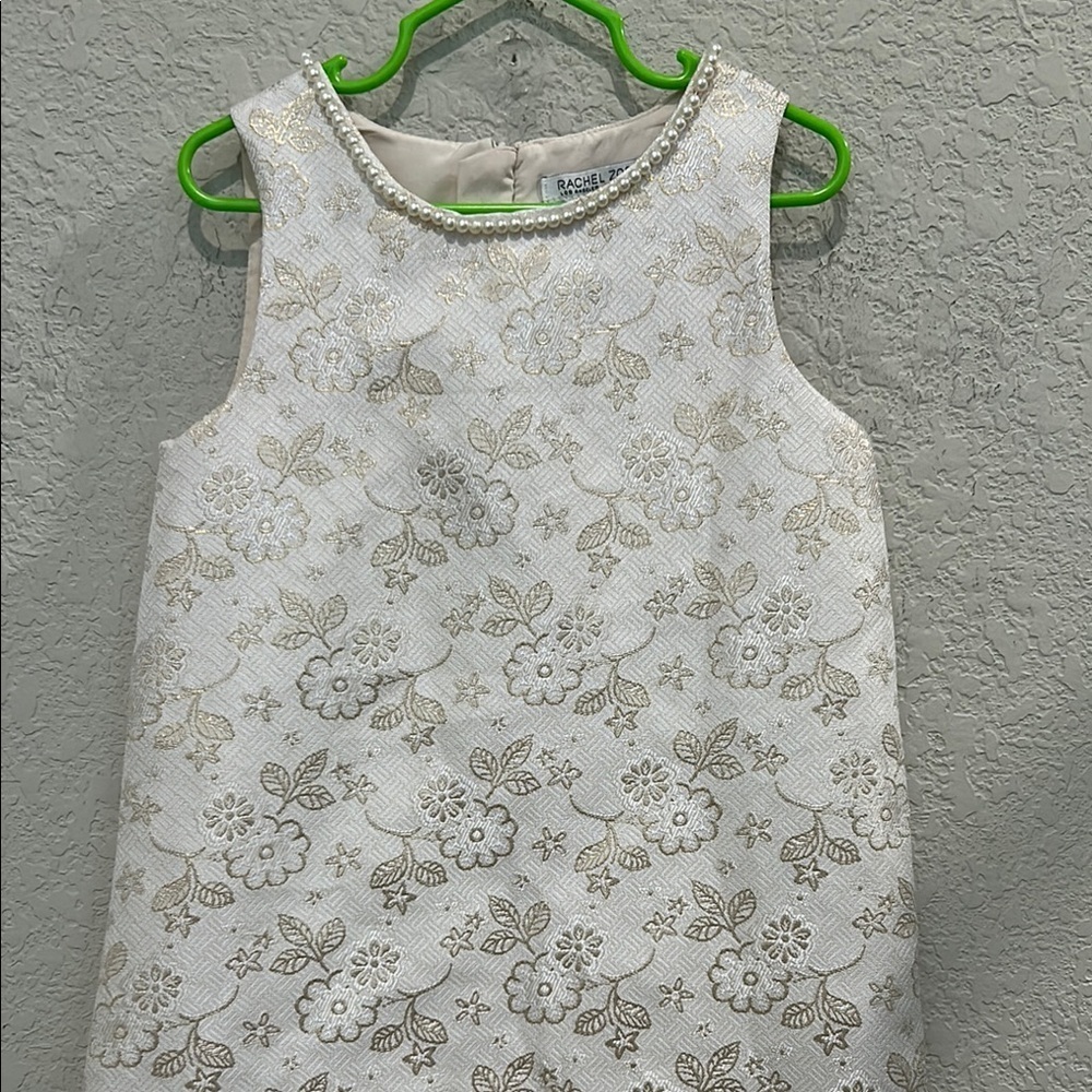 Rachel Zoe cream and gold floral Sheath Dress Sleeveless pearls around Crew Neck - Picture 3 of 10